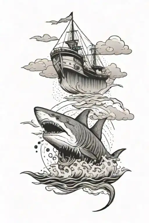 a ship is moving in a storm. below a shark is jumping on a ship with its mouth open. in the background there are mountains in the fog, clouds above tattoo design idea