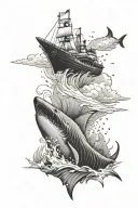 a ship is moving in a storm. below a shark is jumping on a ship with its mouth open. in the background there are mountains in the fog, clouds above tattoo design idea