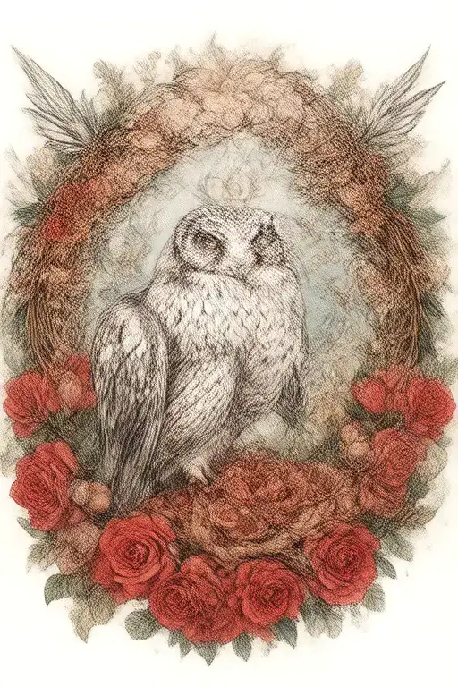 wreath of roses a seated dove and gothic owl perched  tattoo design idea