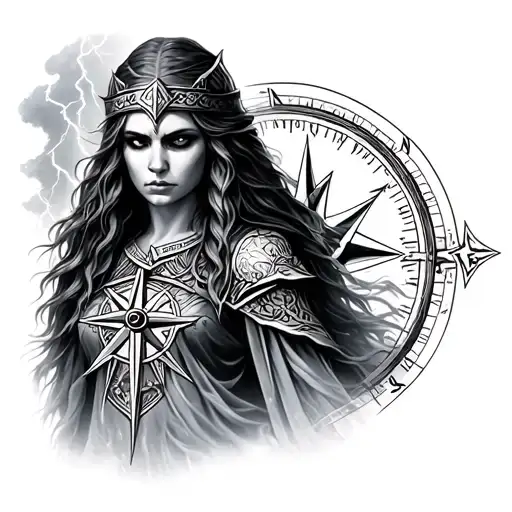 Close-up of a Skadi, with a Norse compass (Vegvisir) in the background, and a storm with lightning below her. Tat tattoo design idea