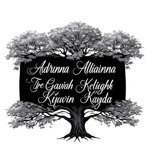family tree with my kids names Adrianna Alaianna Isiah Tre Gavin Kyleigh Kayda in cursive as branches  tattoo design idea