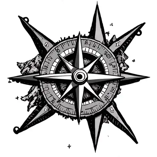 compass rose and travel with mountain altiletry 1961, cardinal point the Greek letters C G Z L tattoo design idea