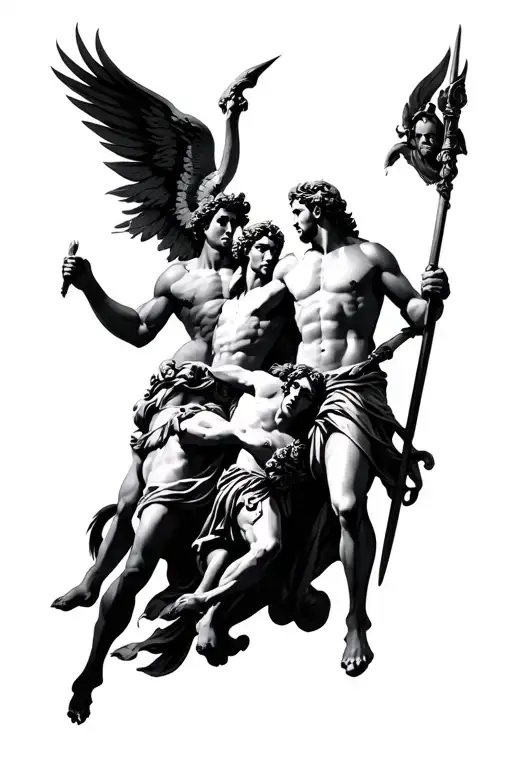 Design a tattoo with Themis, Apollo, Bellerophon, and the battle of Achilles and Hector tattoo design idea