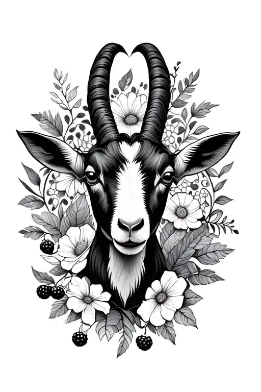 cute goat head surrounded by floral and mandala, with blackberry vines throughout  tattoo design idea
