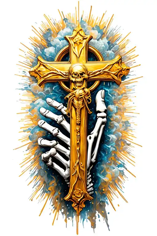 Golden Cross held upwards by fading away skeleton hand tattoo design idea