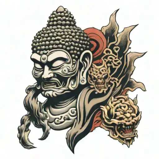 Buddha and oni mask split in half and a shrine with a human  tattoo design idea