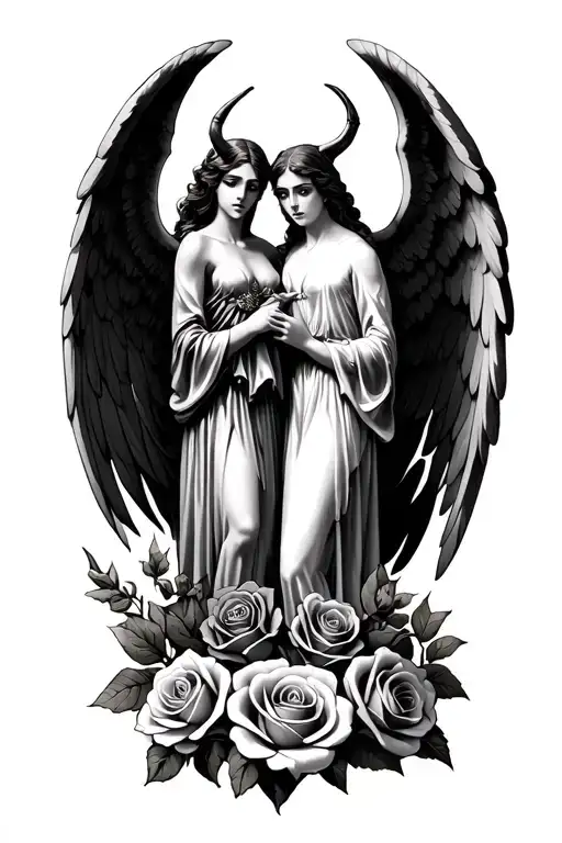 cemetary graves roses and angels vs demons tattoo design idea