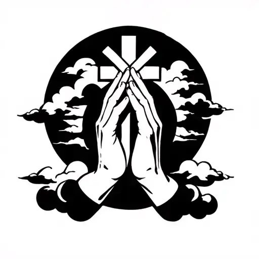 praying hands holdingcross and clouds surrounding tattoo design idea