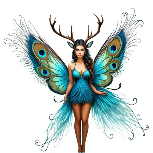 fairy with peacock wings and deer antlers tattoo design idea