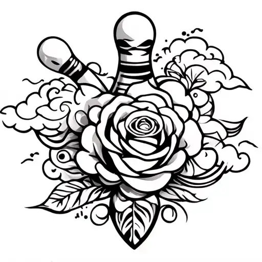 Rose, bowling pin, clouds tattoo design idea
