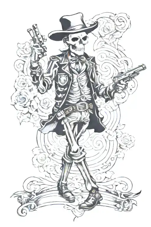 full body skeleton western gun slinger with a mustache tattoo design idea