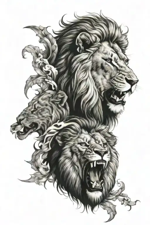 heart and lion roaring tattoo design idea