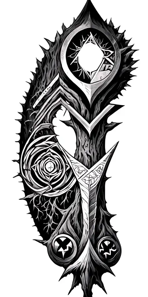 Valknut,Vegvisir,Aegishjalmur, Yggdrasil,4 parts combined with runes tattoo design idea