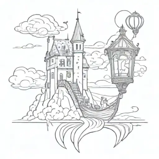 rapunzel tower with floating lanterns going into the sky. there are clouds at the top. and Raphael and Flynn Ryder boat  tattoo design idea