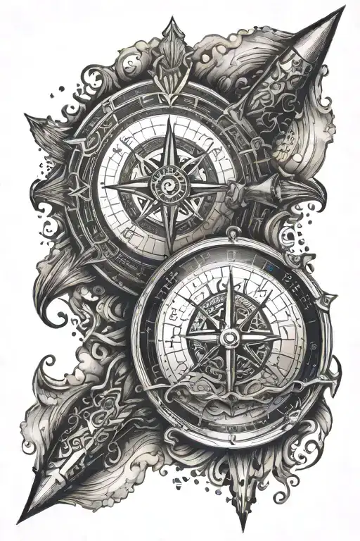 a compass with a trident of Poseidon below and a submarine above tattoo design idea