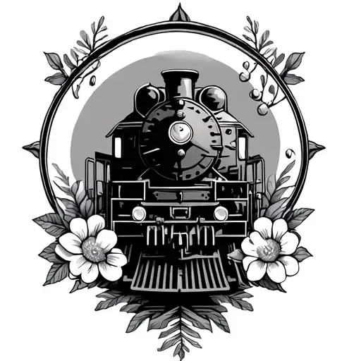 train with marine symbol with flowers around it tattoo design idea