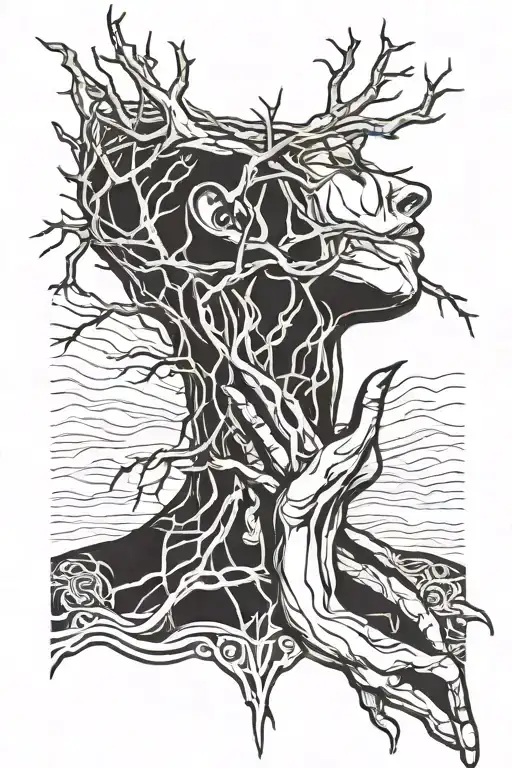 hand wrapping around throat tattoo made of roots reaching deep tattoo design idea