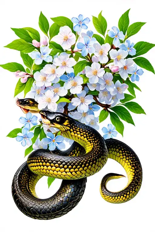 Cherry blossom tree, with forget-me-nots in it and a snake wrapped around it as the branch tattoo design idea