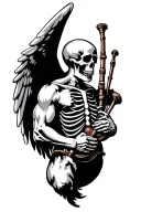 winged muscular skeleton playing bagpipes tattoo design idea