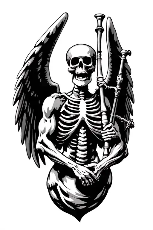 winged muscular skeleton playing bagpipes tattoo design idea