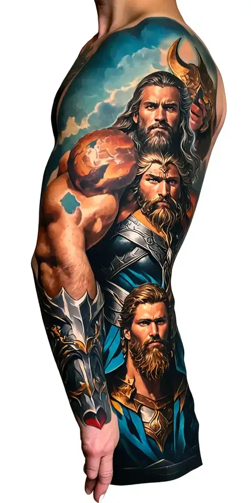 a full sleeve including photos of Thor, Odin, Zeus, Loki, Heimdall, Hermes, Hades, Poseidon, and Ares tattoo design idea
