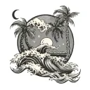 moon with wave crashing waves and palm trees tattoo design idea