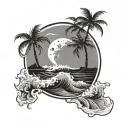 moon with wave crashing waves and palm trees tattoo design idea