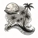 moon with wave crashing waves and palm trees tattoo design idea