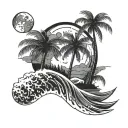 moon with wave crashing waves and palm trees tattoo design idea