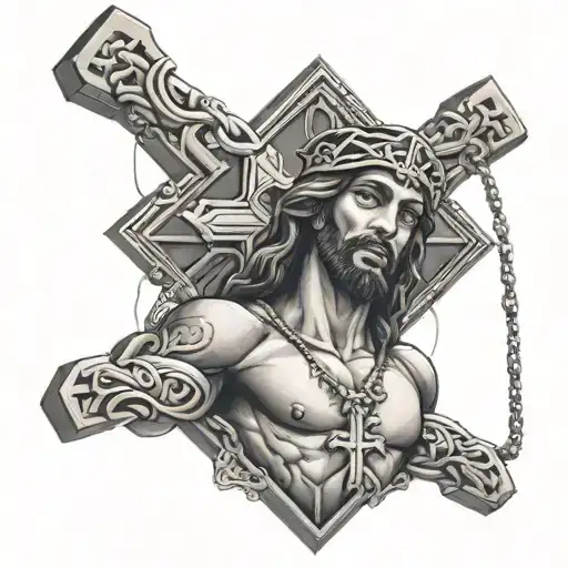 black Jesus on the cross with a diamond chain and diamond earrings with tattoos on his body  tattoo design idea
