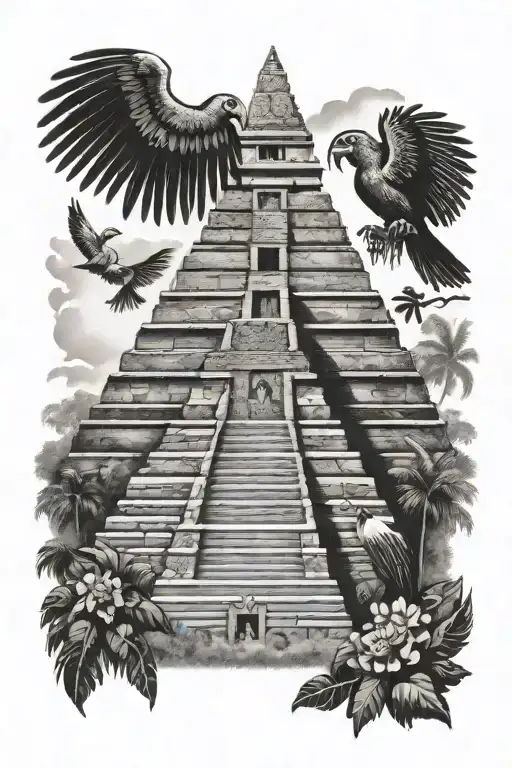 Tikal pyramid with quetzal bird tattoo design idea