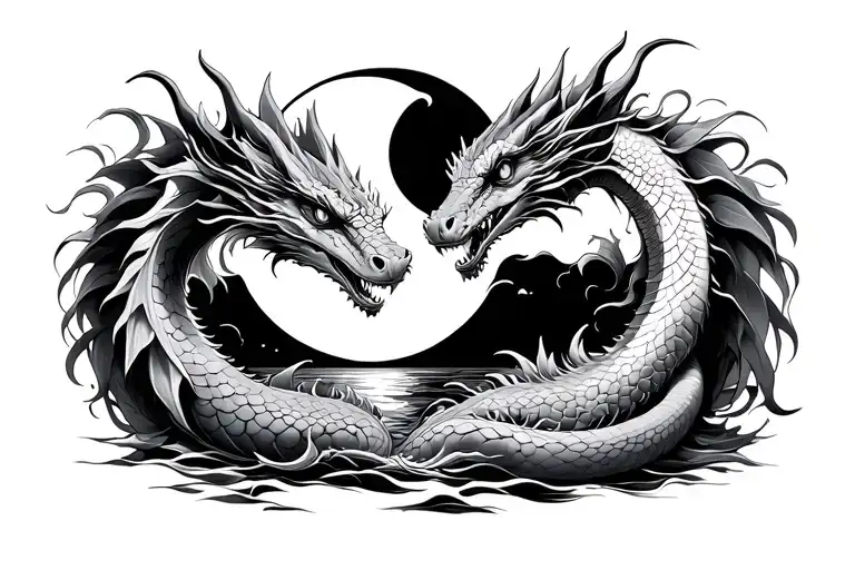 two water dragons facing each other with a full moon in the middle, for a thigh band tattoo design idea