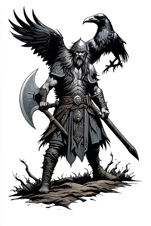 Viking with Battleaxe and raven tattoo design idea