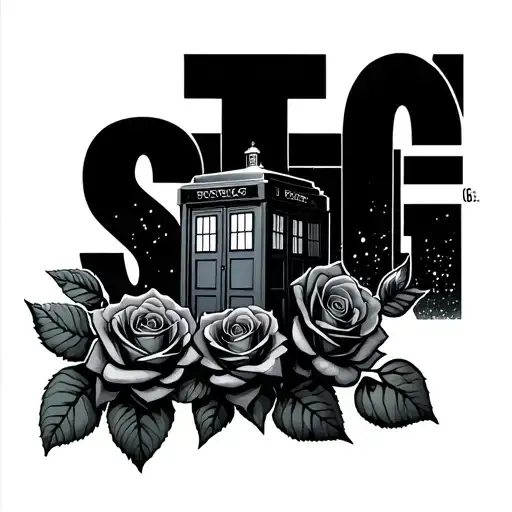 "S.T.G" roses, winter ominous dark, frozen. tardis flying tattoo design idea