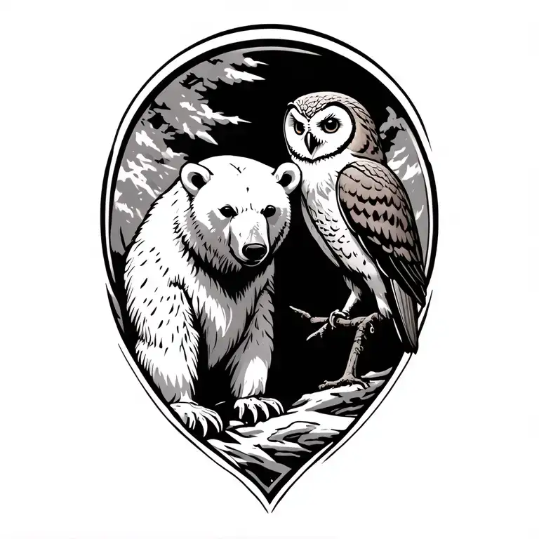 polar bear and owl perched tattoo design idea