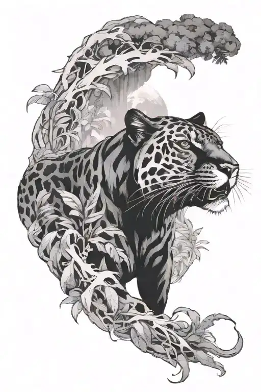 jungle at night filling most. Panther centered within and clouded smoke patterning throughout. lightning tattoo design idea