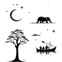 A kola in a tree with an elephant, with  river with an oarsmen in it rowing in a stary nigth sky with a cresecet moon tattoo design idea