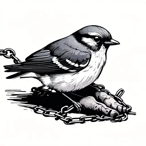 minimal bird with chain links to its foot tattoo design idea