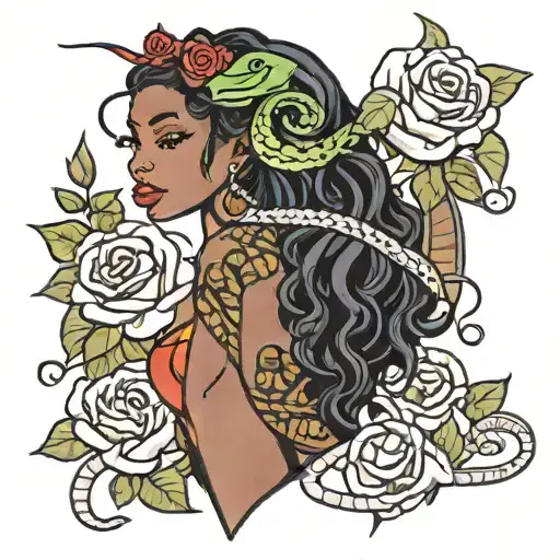 black woman stabbing a snake slithering inbetween 3 roses tattoo design idea