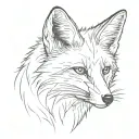an elegant, minimalistic fox profile in black and white, with fine lines and soft shading. tattoo design idea