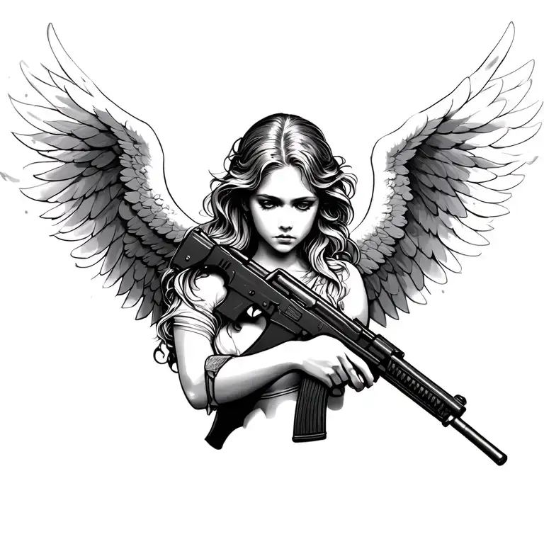 angel with ak 47 tattoo design idea