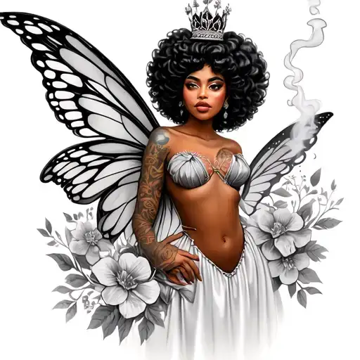 Fairy black thick curvy queen (Afro hair, fairy wings, queen crown, flowers in background, smoking tattoo design idea