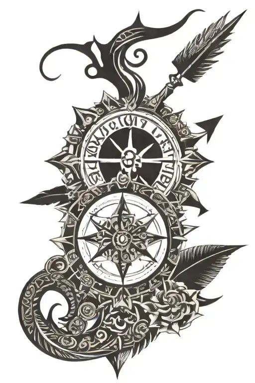 (om symbol), (stylish trishul), compass direction arrow design on hand, intricate detailing tattoo design idea