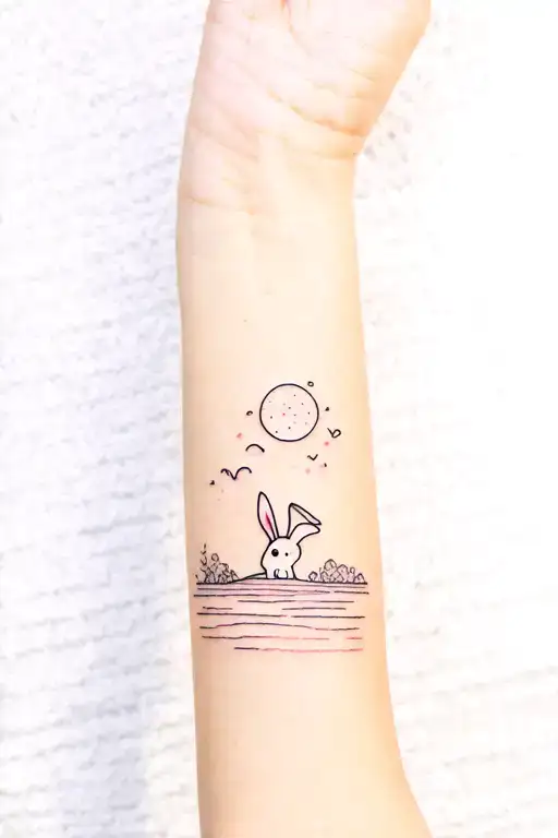 horizon line on arm with psychedelic cute rabbit tattoo design idea