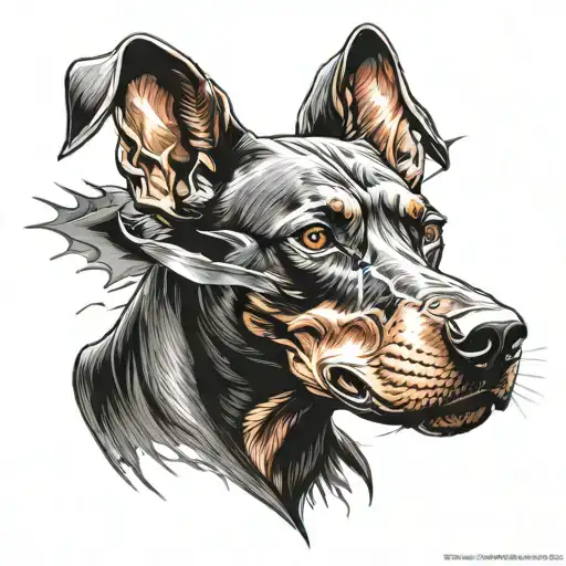 angry Doberman dog full body with bat wings tattoo design idea
