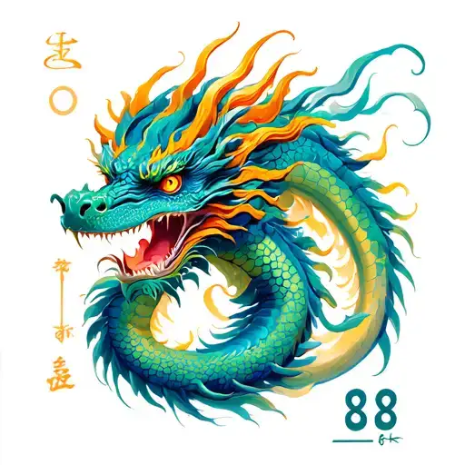 dragon chinse astrology mixed with pisces and a big number 88 tattoo design idea