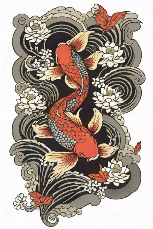 koi carp water lotus flower samurai japanese cherry cloud tattoo design idea