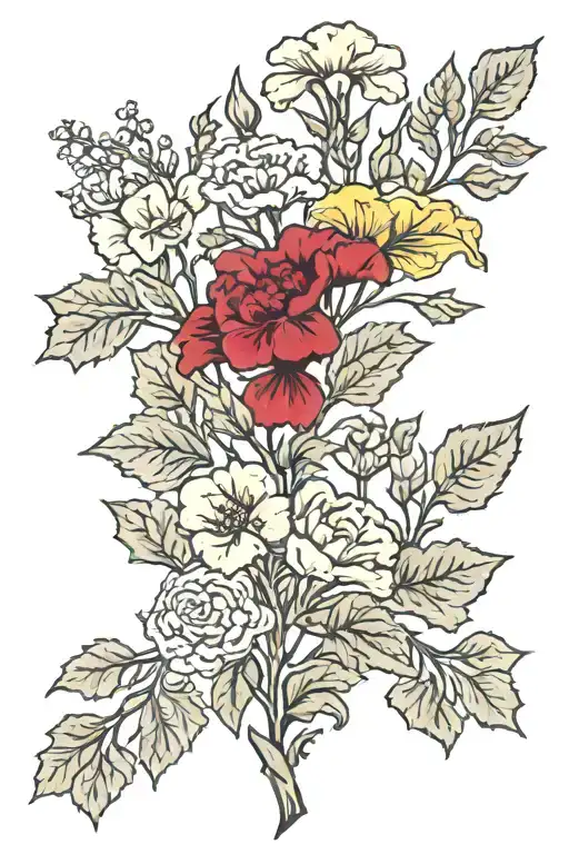 burgundy carnations and ginkgo leaves tattoo design idea