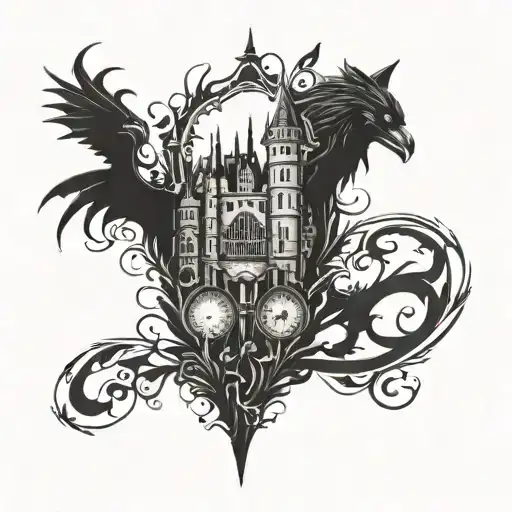 Arm sleeve tattoo, with dark gothic castle, music notes, stitch marks, black cat, raven, tattoo design idea