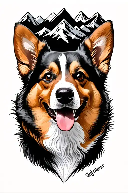 corgi memorial tattoo with mountain landscape tattoo design idea